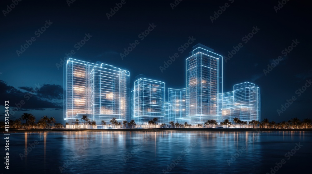 Fototapeta premium High-tech building construction at night urban residence skyline holograms