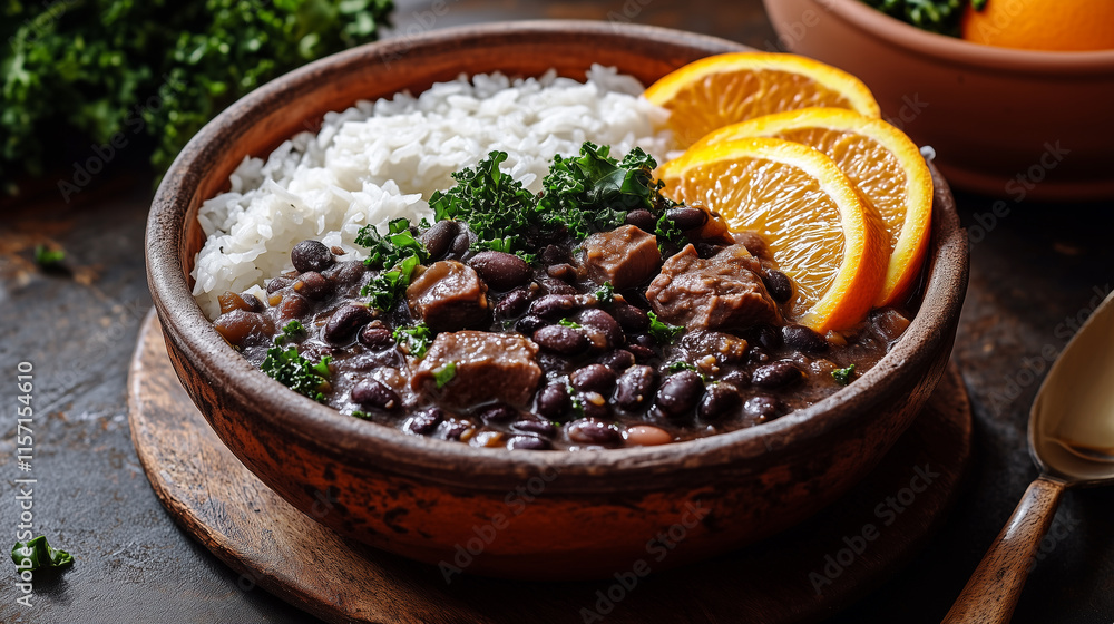 Hearty Bowl of Feijoada with Black Beans, Pork, Rice, and Fresh Orange Slices Styled with Natural Lighting. Hearty Bowl of Feijoada with Black Beans, Pork, Rice, and Fresh Orange Slices Styled with Natural Lighting.