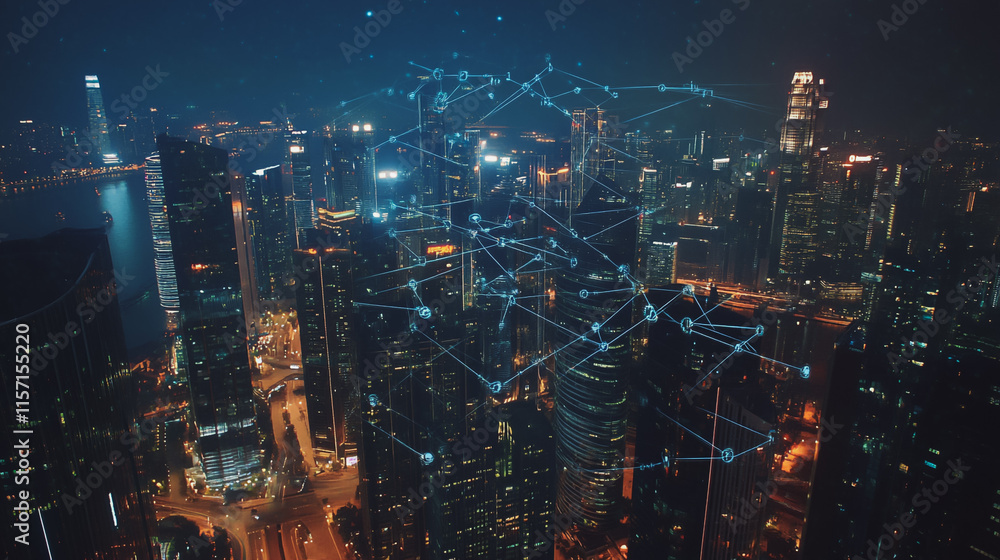 Fototapeta premium Smart digital Innovation city with connection network reciprocity over the cityscape. of future smart wireless digital city and social media networking systems that connects people with in city