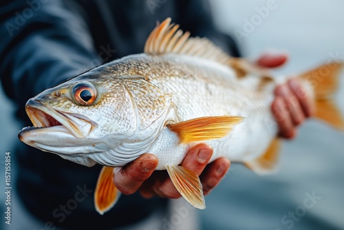 An exquisite close-up view of a freshly caught fish with glistening scales and vivid fins, held delicately by firm hands, highlighting nature's raw beauty and bounty. photo