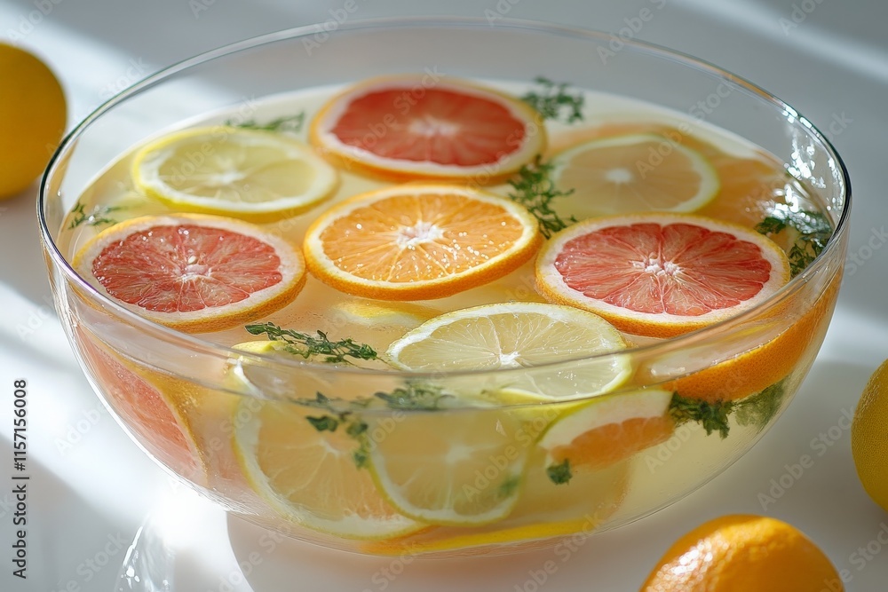 A clear bowl contains slices of citrus fruits alongside herbs, creating a refreshing and vibrant display of colors and textures under natural sunlight illumination. A clear bowl contains slices of citrus fruits alongside herbs, creating a refreshing and vibrant display of colors and textures under natural sunlight illumination.