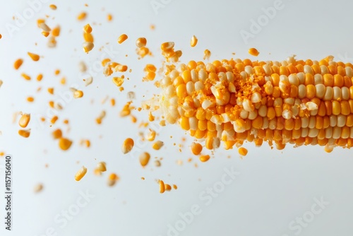 A corn cob dynamically scatters its kernels into the surrounding space, reflecting movement and energy in a vivid, artistic portrayal of natural abundance. photo