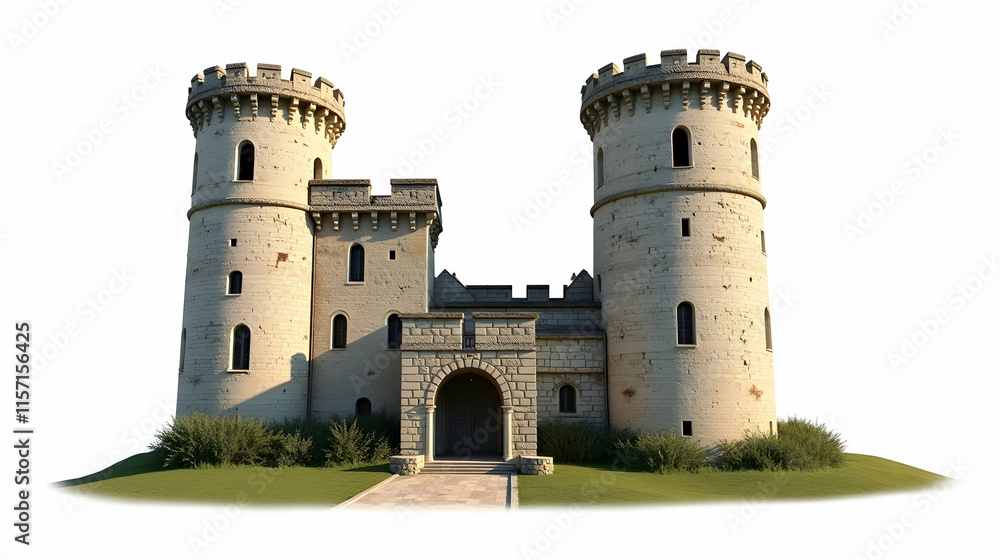Majestic Medieval Castle: Twin towers, arched entryway, lush green landscape. A timeless image of architectural grandeur. Majestic Medieval Castle: Twin towers, arched entryway, lush green landscape. A timeless image of architectural grandeur.