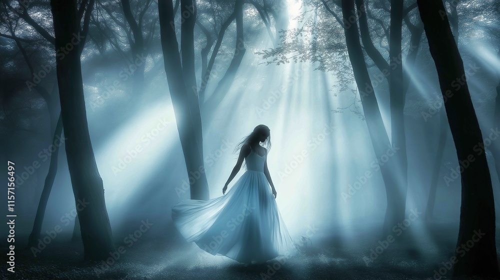 A beautiful ghostly woman in a white dress walks through the misty forest. Rays of moonlight shine on her face and body