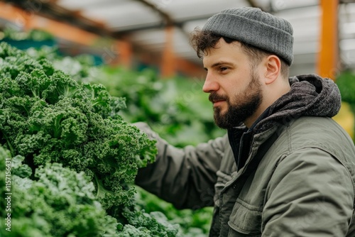 A man carefully inspects kale at a farmer's market, symbolizing connection to fresh produce, healthy eating, and supporting local agriculture. photo