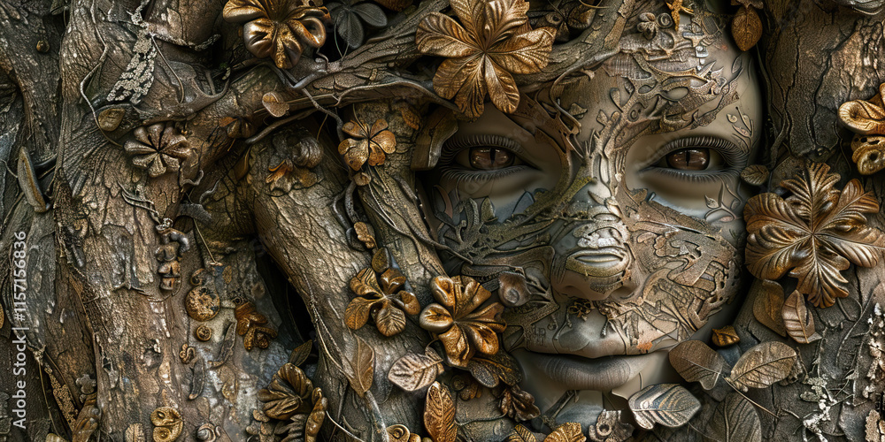 Digital Artwork: Face Embedded in Tree Bark and Metallic Foliage Digital Artwork: Face Embedded in Tree Bark and Metallic Foliage
