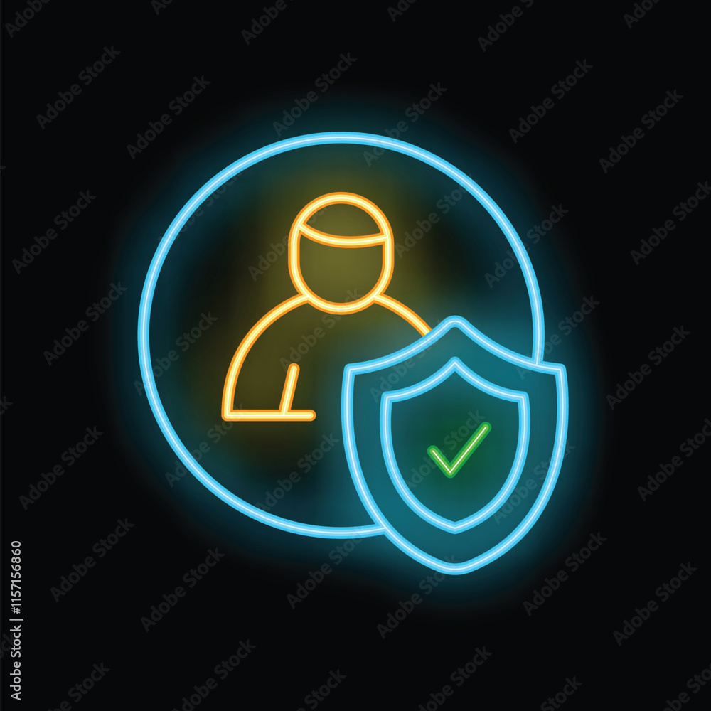 Neon icon showing the concept of personal security with a person inside a circle and a shield with a check mark Neon icon showing the concept of personal security with a person inside a circle and a shield with a check mark