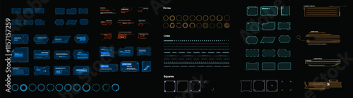 Vector frames set. Elements with text, signs and symbols for personal graphical interface HUD. Collections HUD elements. Futuristic GUIUI framework set. Windows and blocks with information