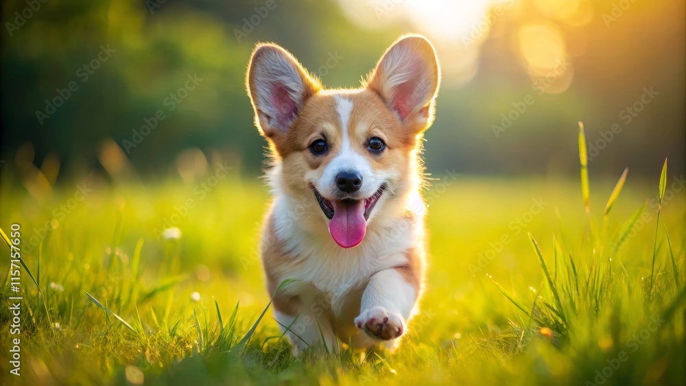Cute Corgi Puppy Running Meadow Action Shot - Funny Dog Photo Cute Corgi Puppy Running Meadow Action Shot - Funny Dog Photo