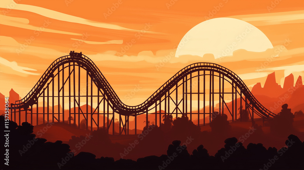 Obraz premium Scenic roller coaster silhouette against a vibrant sunset sky with glowing orange hues