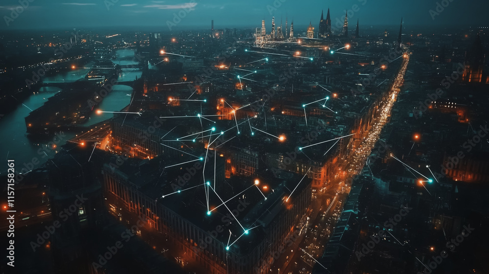 Fototapeta premium Smart digital Innovation city with connection network reciprocity over the cityscape. of future smart wireless digital city and social media networking systems that connects people with in city