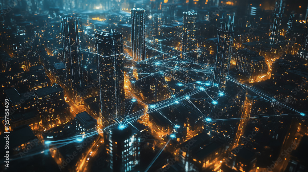 Smart digital Innovation city with connection network reciprocity over the cityscape. of future smart wireless digital city and social media networking systems that connects people with in city Smart digital Innovation city with connection network reciprocity over the cityscape. of future smart wireless digital city and social media networking systems that connects people with in city