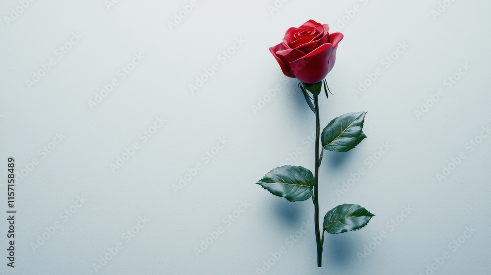 Sensual Red Rose Bloom with Lush Petals and Leaves on Blurry Background Sensual Red Rose Bloom with Lush Petals and Leaves on Blurry Background