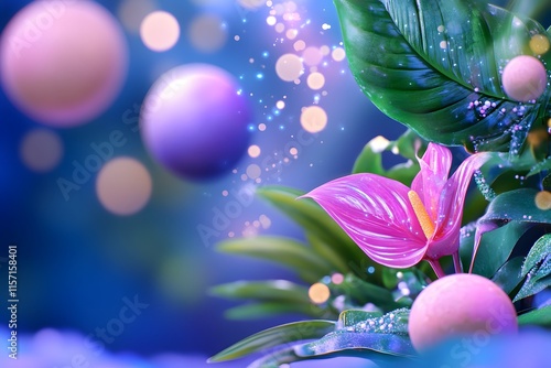 Watercolor painting with a dark blue background, featuring pink and purple planets, flowers, and greenery photo