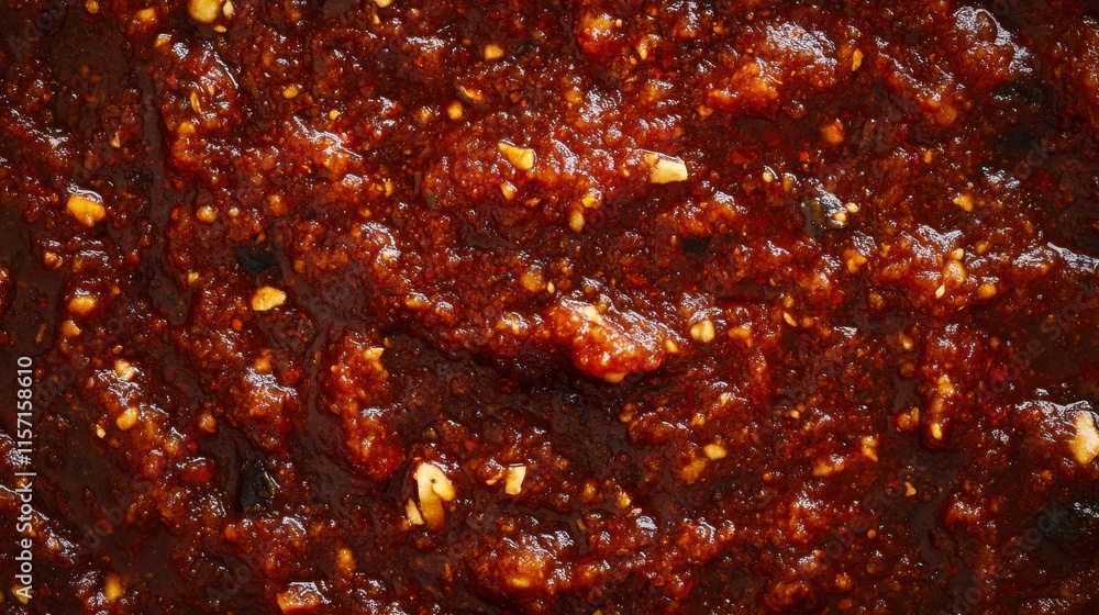 Spicy Harissa Paste: Close-up texture of vibrant red harissa paste, a North African chili paste with visible spices and rich texture. Perfect for food blogs, recipe websites, or culinary publications. Spicy Harissa Paste: Close-up texture of vibrant red harissa paste, a North African chili paste with visible spices and rich texture. Perfect for food blogs, recipe websites, or culinary publications.