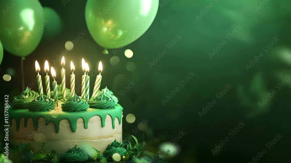Green birthday cake with candles, green background and balloons