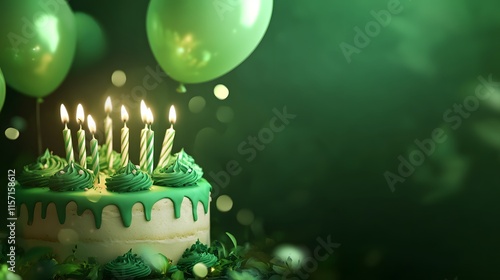 Obraz na płótnie Green birthday cake with candles, green background and balloons w salonie