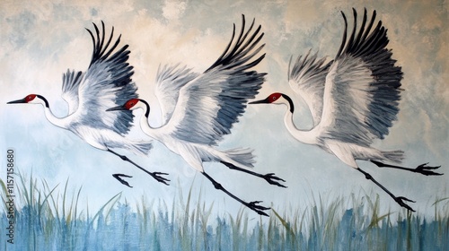 Three Graceful Cranes Soar Effortlessly Over a Tranquil Landscape, Asian Inspired Art Print photo