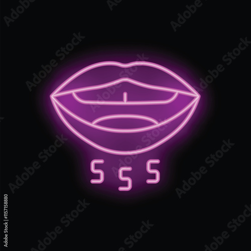 Neon lips showing tongue whispering sss sound on black background