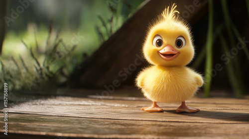 Adorable yellow duckling standing on wooden surface in sunny natural environment