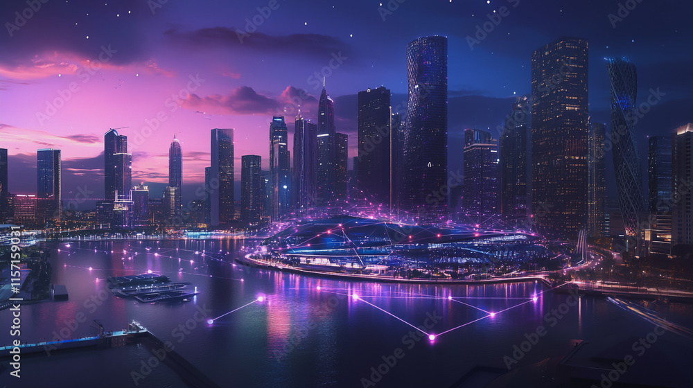 Fototapeta premium Smart digital Innovation city with connection network reciprocity over the cityscape. of future smart wireless digital city and social media networking systems that connects people with in city