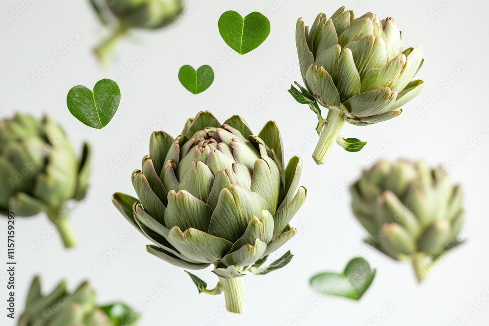 Fototapeta premium Floating artichokes with heart-shaped leaves create a whimsical and fresh design on a neutral background, symbolizing nature's bounty and purity.