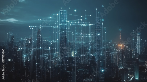 Wallpaper Mural Smart digital Innovation city with connection network reciprocity over the cityscape. of future smart wireless digital city and social media networking systems that connects people with in city Torontodigital.ca