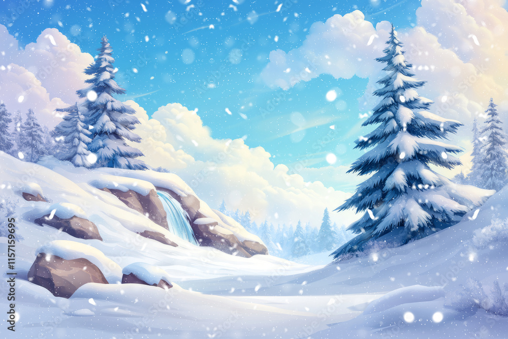 Obraz premium Serene Winter Landscape with Snowy Trees and Gentle Waterfall Under a Bright Blue Sky