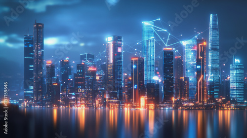 Smart digital Innovation city with connection network reciprocity over the cityscape. of future smart wireless digital city and social media networking systems that connects people with in city