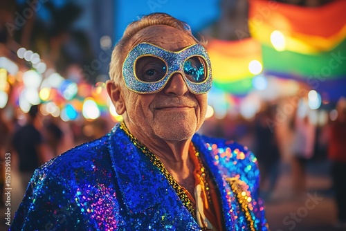 Colorful celebration with an elderly man wearing sparkling outfi photo