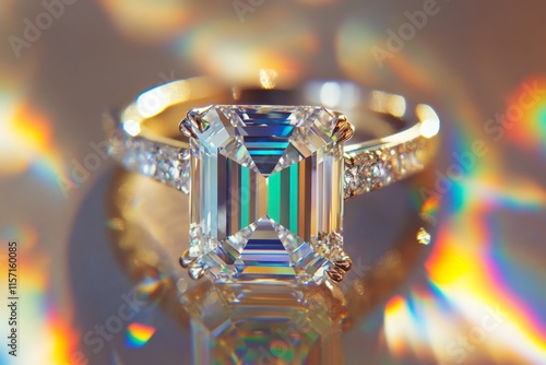 This image features a brilliant-cut diamond ring with colorful light refractions, emphasizing the ring's intricacy and the gemstone's radiant allure. photo