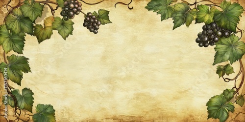 Vintage wine list menu featuring green grape leaves on aged blank paper. This textured old parchment serves as a unique template with grapevine motifs for your presentation of alcoholic beverages.