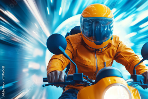 Dynamic Motion of Motorcycle Rider in Bright Yellow Gear on Futuristic City Streets photo