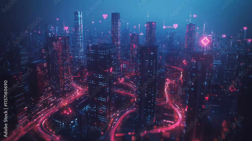 Fototapeta premium Smart digital Innovation city with connection network reciprocity over the cityscape. of future smart wireless digital city and social media networking systems that connects people with in city