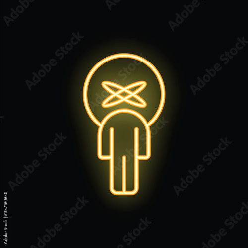 Yellow neon sign representing a human figure with a shining atom symbol instead of its head, on a black background