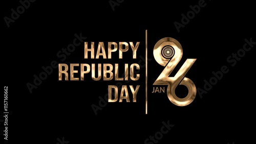 Happy Republic Day lettering text animation in gold color. 26 January animated logo. Alpha Channel. High Quality 4K footage