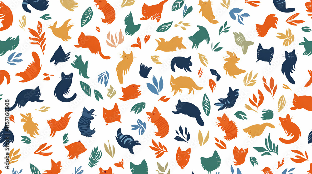 Colorful Cats and Leaves Seamless Pattern Design, Playful Feline Illustrations with Vibrant Foliage, Delightful Decor for Textiles and Wallpaper Colorful Cats and Leaves Seamless Pattern Design, Playful Feline Illustrations with Vibrant Foliage, Delightful Decor for Textiles and Wallpaper
