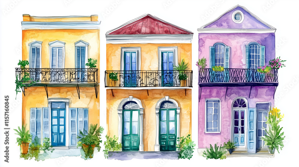 Fototapeta premium Colorful watercolor illustration of charming European-style houses with balconies and decorative details