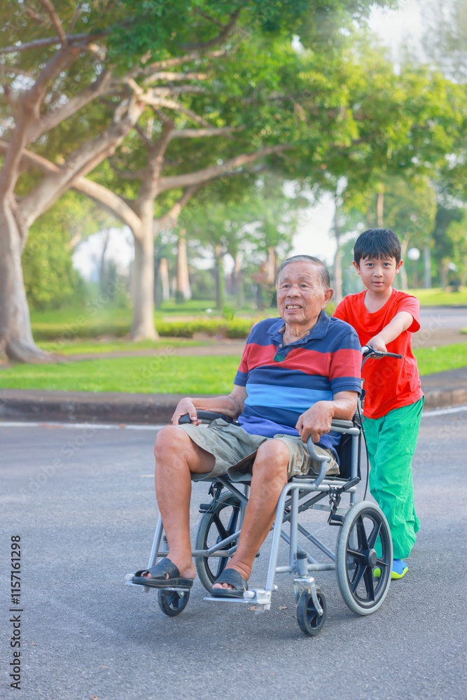 Grandson is happily pushing his grandfather's wheelchair in the garden. Boy takes care of the elderly. Senior man in wheelchair and with a grandchild. Concept of Family, Elderly, Therapy, Medical. Grandson is happily pushing his grandfather's wheelchair in the garden. Boy takes care of the elderly. Senior man in wheelchair and with a grandchild. Concept of Family, Elderly, Therapy, Medical.
