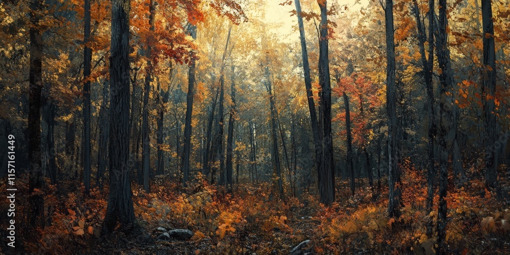 Fototapeta premium Transitioning forest showcasing the beauty of seasonal change between autumn and winter, highlighting the rich colors and textures that emerge in the forest during this unique time.