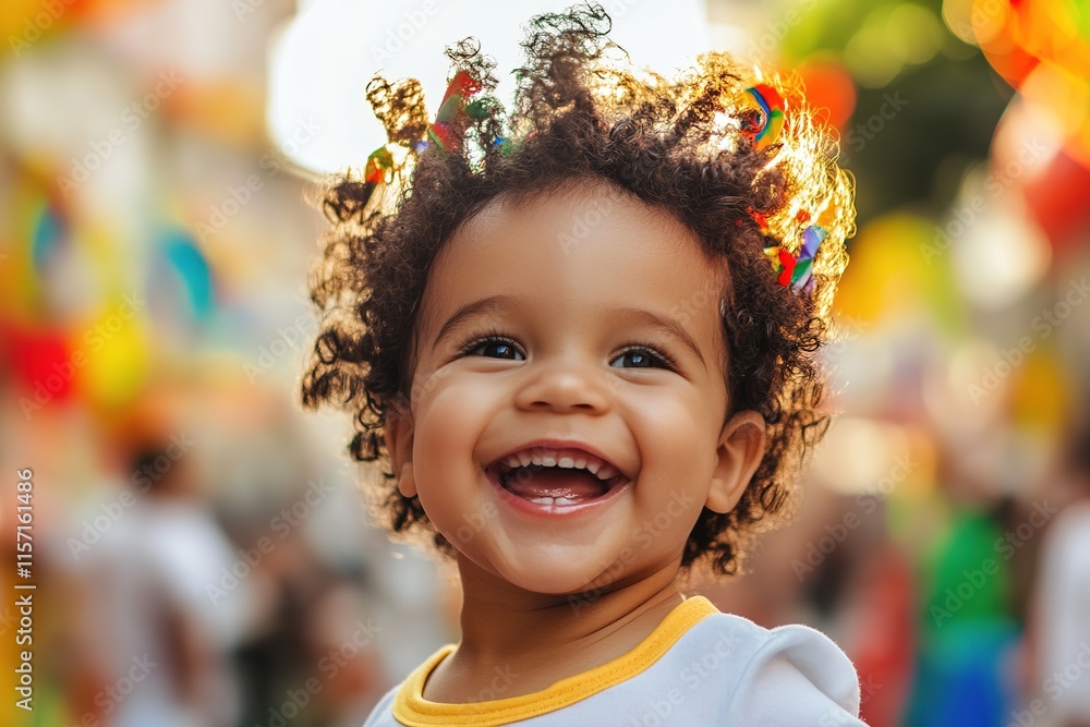 Joyful child with curly hair smiles brightly in vibrant, festive Joyful child with curly hair smiles brightly in vibrant, festive