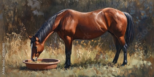 Red bay horse enjoying her feed from a rubber pan while in the pasture. This scene of the red bay horse highlights the natural behavior of grazing and feeding in a serene environment. photo