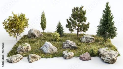 Isolated 3D render of rocks, grass, and various trees on white.
