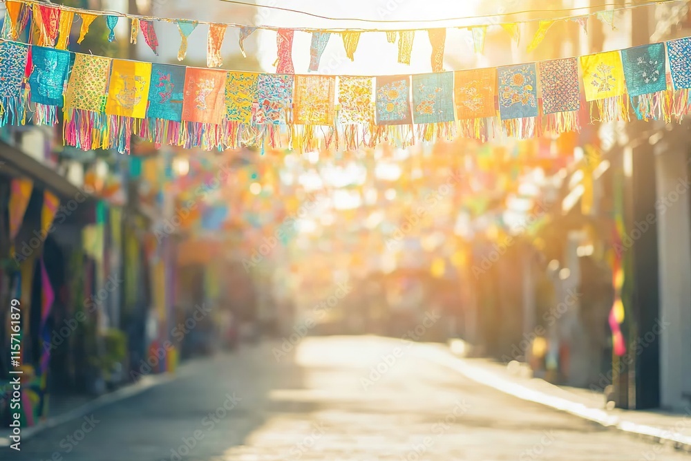 Fototapeta premium Colorful flags sway above sunlit street, creating festive and vi