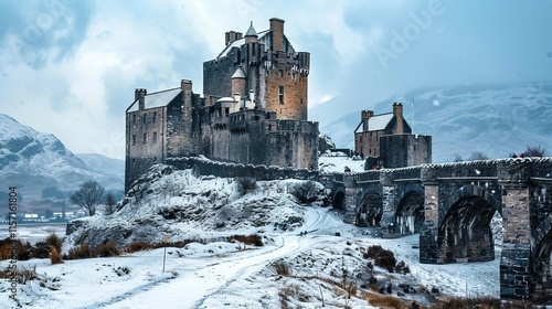 fictional ancient castle in snowy winter.