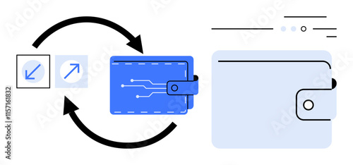 Blue digital wallet with arrows indicating crypto exchange process, circuit patterns, and user interface elements. Ideal for cryptocurrency, finance, digital payments, online transactions, fintech