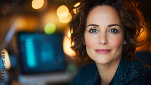 Thoughtful Professional Woman in Office Environment with Warm Bokeh Background photo