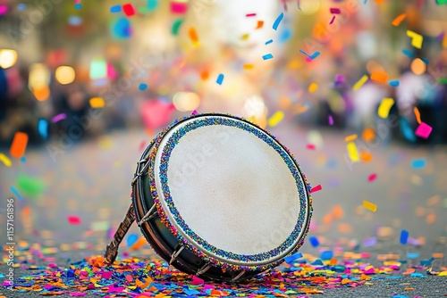 Colorful confetti surrounds traditional drum resting on vibrant photo