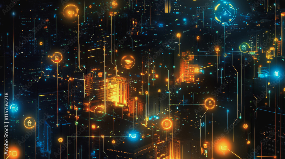 Obraz premium Smart digital Innovation city with connection network reciprocity over the cityscape. of future smart wireless digital city and social media networking systems that connects people with in city