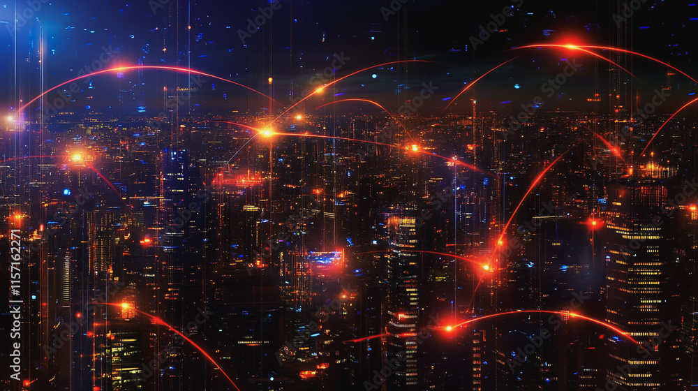 Smart digital Innovation city with connection network reciprocity over the cityscape. of future smart wireless digital city and social media networking systems that connects people with in city Smart digital Innovation city with connection network reciprocity over the cityscape. of future smart wireless digital city and social media networking systems that connects people with in city